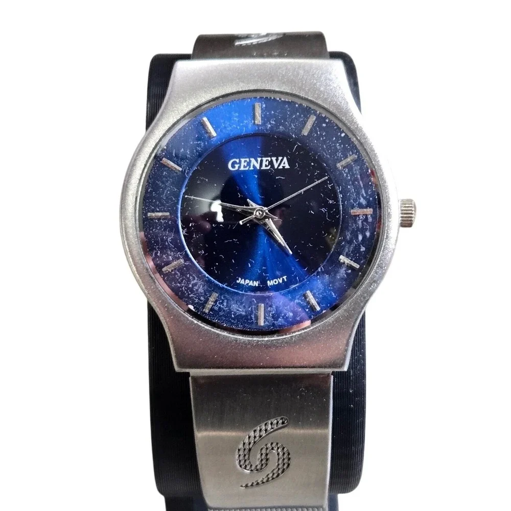Geneva Blue Dial Cuff Bangle Women's Watch Silver Tone Japan Movt Untested
